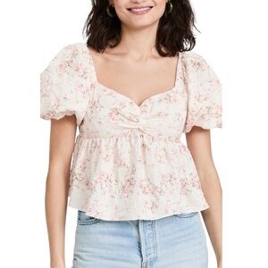 English Factory Floral Puff Sleeve Textured Peplum Style Smocked Back Top Blouse